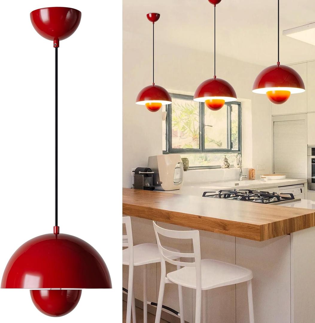 Modern Pendant Lights Kitchen Island-Flower Pot Ceiling Lamps for Living Room-Kitchen Island Lighting-Hardwired Chandelier for Bedroom Industrial Closed to Ceiling Lights Fixture-Red