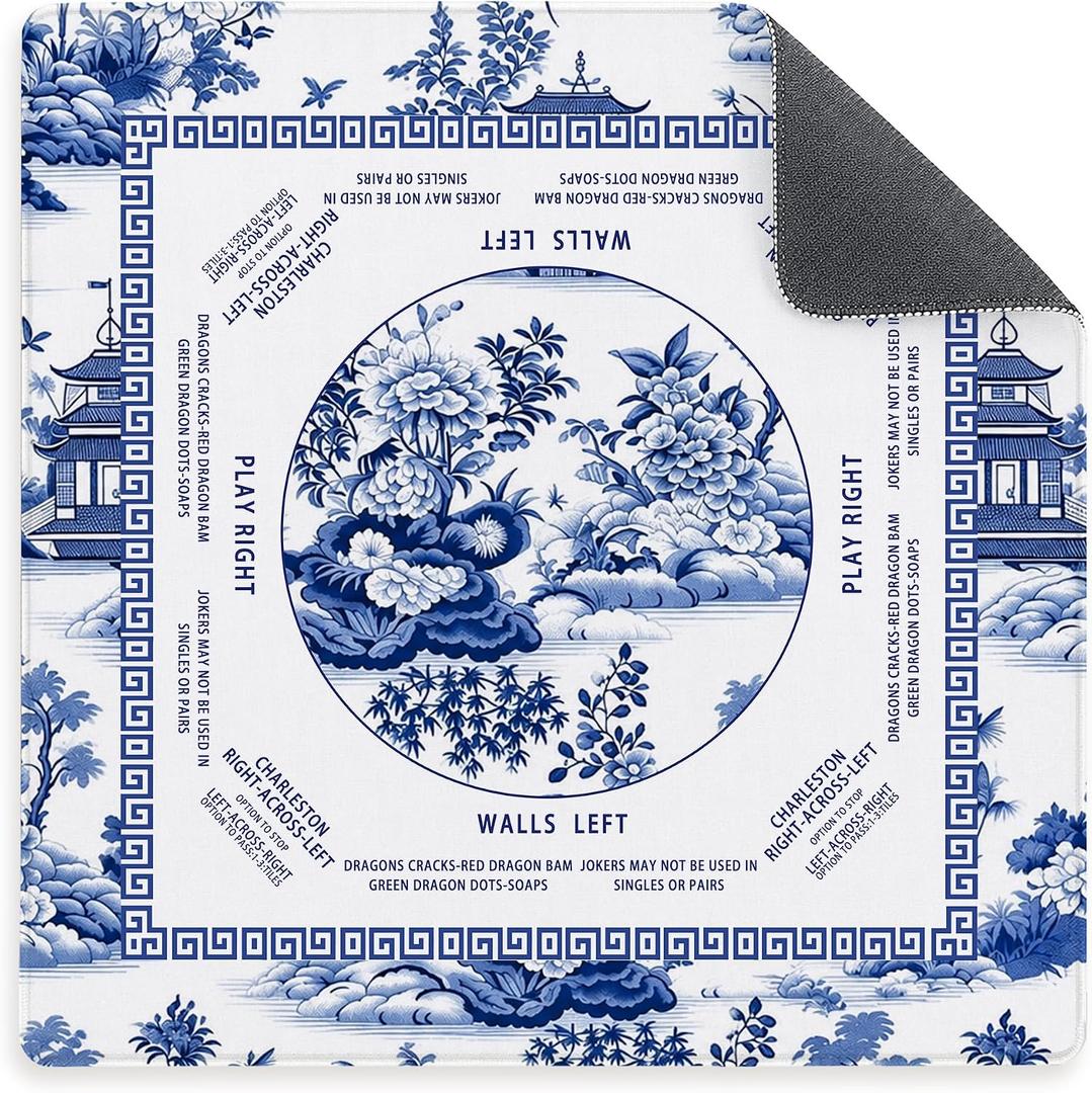 Blue and White Chinoiserie Pavilion Mahjong Mat with Rules for Table 31.5x31.5, Traditional Chinese Non-Slip Noise Reduction Mahjong Table Mat for Poker Board Games Card Games Dominoes