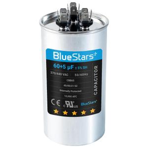 BlueStars Ultra Durable 60+5 MFD uf 5% 370/440 Volt VAC Dual Run Start Round Capacitor for Condenser Straight Cool or Heat Pump Air Conditioner