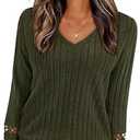 PRETTYGARDEN Women's Long Sleeve Shirts Ribbed Knit V Neck Tee Dressy Casual Blouses Going Out Tunic Tops 2026 Fall Outfits (Army Green, X-Large)