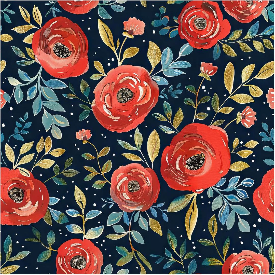Boho Floral Peel and Stick Wallpaper, Dark Blue/Red/Teal Retro Self Adhesive Wall Decor for Bathroom, Kitchen, Accent Wall, Vintage Renter Friendly Contact Paper for Cabinet, Countertop, 17.5 x 118