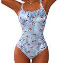 BEAUDRM Women's Boho Floral Print One Piece Swimsuit Y2K Bathing Suits Swimwear Beachwear Blue Cherry S