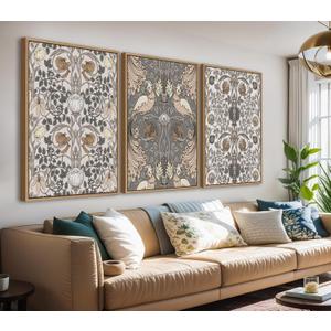 Large Retro Framed Wall Art - Natural Float Framed Vintage Flowers Canvas William Morris Painting Pictures Rustic Floral Pattern Prints Artwork for Living Room Bedroom Office Decor 96" X 48" Set of 3 (Brown)