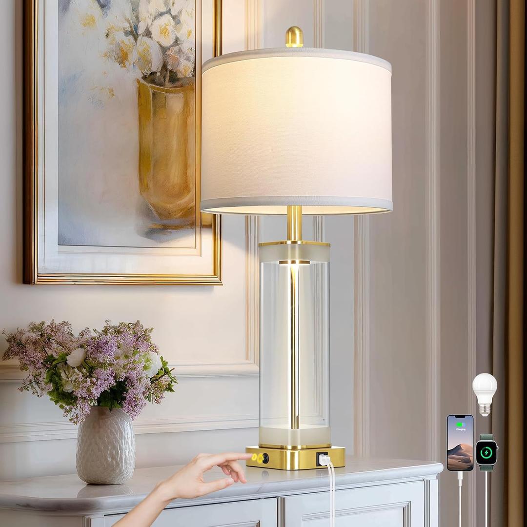 28" Gold Glass Table Lamp Single with Night Light, Modern Bedside Lamp with USB C+A Charging Ports, Nightstand Lamp for Living Room, Glass Lamps for Bedroom End Table Office, Bulbs Included, 1Pack