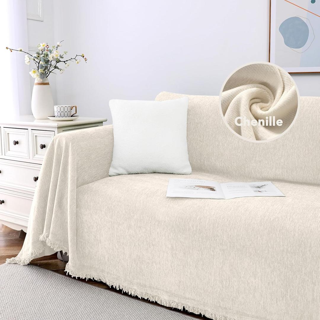 H.VERSAILTEX Modern Couch Cover Sectional Sofa Covers for 3 Cushion Couch Multi-Functional Throw Cover Thick Chenille Dog Couch Cover Protector with Tassels Washable Furniture Cover, 71"x150",Beige