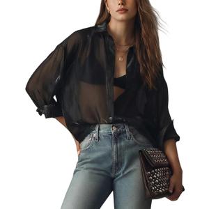 Wyeysyt Sheer Tops for Women Shiny Mesh Top Sheer Button Up Shirt See Through Sexy Long Sleeve Blouse (Black, L)