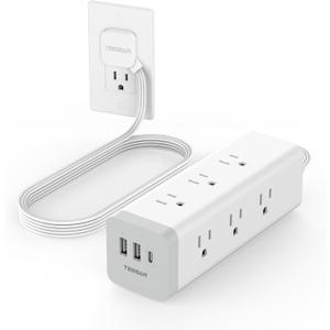 Surge Protector Power Strip with USB, TESSAN Ultra Thin Flat Plug 6 FT Extension Cord with 9 Outlets 3 USB(1 USB C), 1050 J Surge Protector Charging Station for Indoor,Office, Dorm Room Essentials (White)
