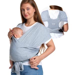 Momcozy Baby Wrap Carrier Skin-Friendly Fabric, Easy to Wear Baby Carrier Sling T-Shirt Design, Hands Free Baby Carriers Newborn to Toddler 8-35lbs, Adjustable Buckle Suit for Waist Waist 47-57, Grey (Plus)