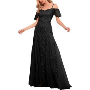 Womens Long Formal Evening Gowns Off Shoulder Sequin Tulle Dress Prom Gown Bridesmaid Wedding Guest Dresses (Black, M)