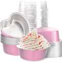 Mini Aluminum Foil Cupcake Cups with Lids (40 Packs, 3.4oz) Heart Shaped Cake Pans - Disposable Mini Cupcake Cup Flan Baking Cups for Valentine Mother's Day Wedding Birthday (Pink)