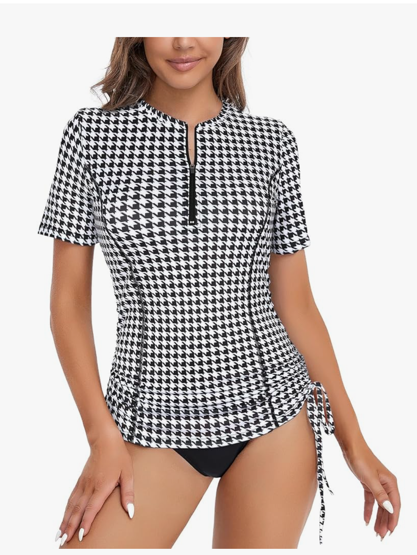 LURANEE Women's Short Sleeve Rash Guard Shirts UPF 50+ Side Adjustable Wetsuit Swimsuit Top (Black Houndstooth, Small)