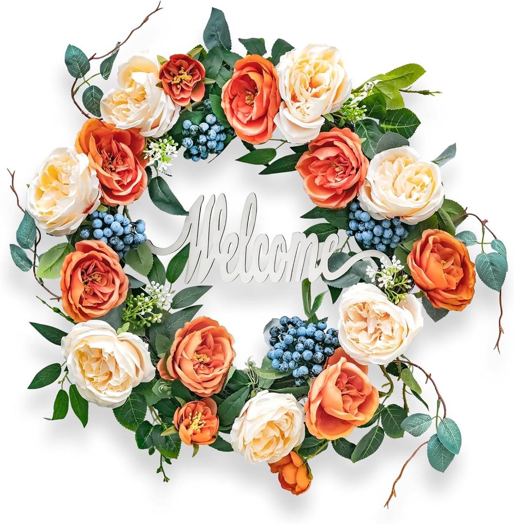 Summer Wreaths for Front Door 24 inchAsfefoo Spring Wreath Full of Blueberries and Champagne Roses for Wedding Wall Home Farmhouse Decor, Indoor and Outdoor,All Seasons, Holiday (Daisy) (Orange)
