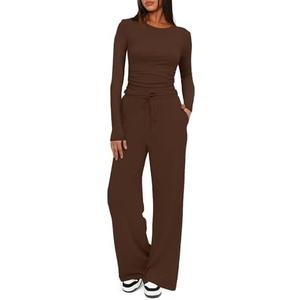 Darong Women's 2 Piece Outfits Lounge Sets 2026 Long Sleeve Tops Wide Leg Pants Casual Matching Set Large