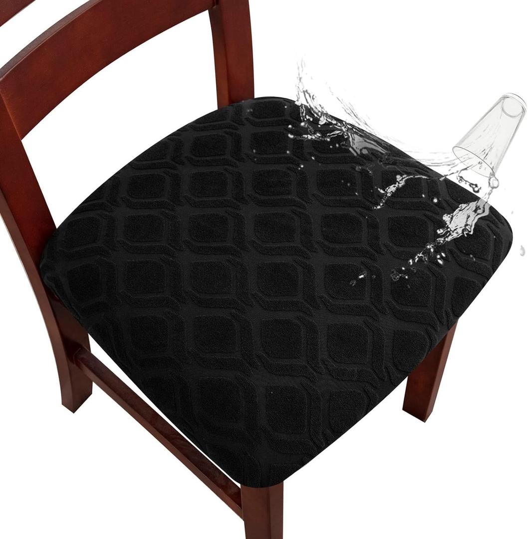 Genina Waterproof Seat Covers for Dining Room Chairs, Stretch Chair Covers Removable Washable Dinning Room Kitchen Chair Seat Cushion Slipcovers (Jacquard-Black, 6 PCS)