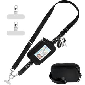 Clip and Go Strap for Phone with Wallet Crossbody Phone Lanyard Adjustable and Detachable RFID Wristlet Wallet with ID Window and Zipper, Black (Medium)