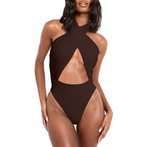HYPERFIRE Women's Sexy Halter Criss Cross Swimsuit Cut Out One Piece Bathing Suit High Cut Swimwear (M)