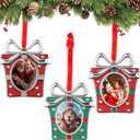 Kathfly 3 Pcs Christmas Picture Frame Ornaments, Christmas Metal Photo Frame Xmas Tree Hanging Decoration Silver Red Green Glitter for Pet Home Family Party Gift