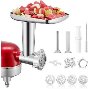 Meat Grinder Attachment for KitchenAid Stand Mixer, 15PCS Stainless Steel Meat Grinder Accessories for Kitchen Aid With 4 Grinding Plates, 2 Sausage Stuffer Tubes, 3 Grinding Blades, 1 Large Food Tray