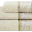 Loom and Mill Luxury Cotton Bath Towel Set 3 Piece-1 Bath Towel 1 Hand Towel 1 Wash Cloth, Ultra Soft Decorative Towel Sets Highly Absorbent for Bathroom, Elegant Floral Design(Ivory-Beige Gold) 