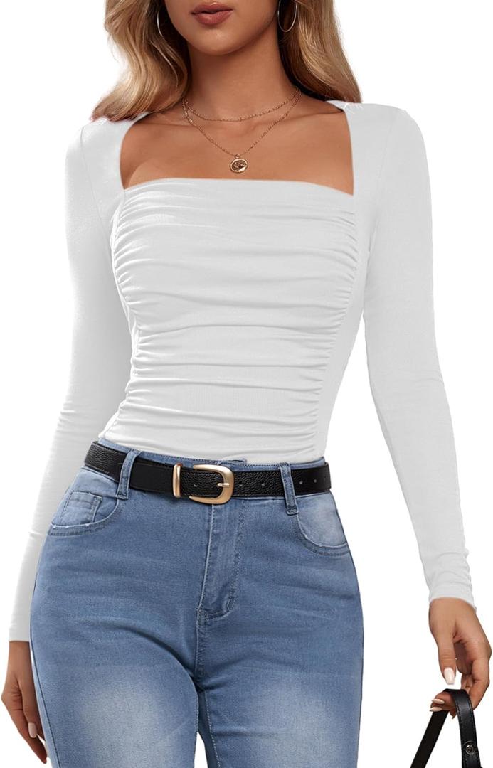 Amoretu Women's Long Sleeve Tops Square Neck Shirts Sexy Ruched Slim Fit Going Out T-Shirts (White, S)