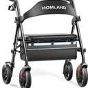 HOMLAND Bariatric Walkers for Seniors, 500lb Heavy Duty Rollator Walker with Extra Wide Padded Seat, 8” All Terrain Foldable Rolling Walker with Dual-Height Adjustable, Black