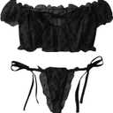 Lilosy Sexy Stretch Ruffle Tie Sheer Mesh Lingerie Set Outfits (Medium, Chiffon Black)