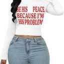 LovelyWholesale Women Graphic Long Sleeve Shirts Cute Going Out Fitted Crop Tops White R BE X(White, XL)