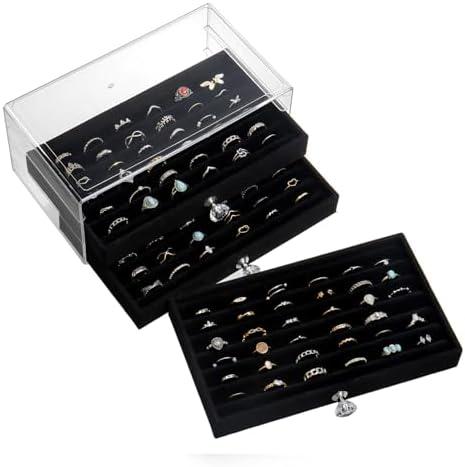 SPAKOWN Ring Box Display Holder, Clear Velvet Jewelry Storage Tray Organizer for Ring Stud Earring (Black - 3 Drawers)