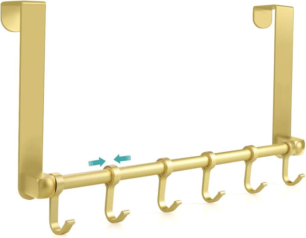 MGahyi Over The Door Hooks Hanger, Moving 6-Hooks,Over Door Towel Rack,Door Coat Hanger, Upgraded Long Arms for Bathroom Accessories (Gold)