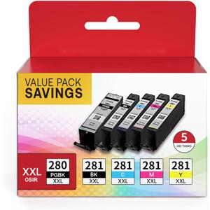 PGI-280XXL CLI-281XXL Compatible Replacement for Canon 280 and 281 Ink Cartridges Use with Canon PIXMA TR8520 8620 7520, TS9120 6200 6220 8120, 5-Pack