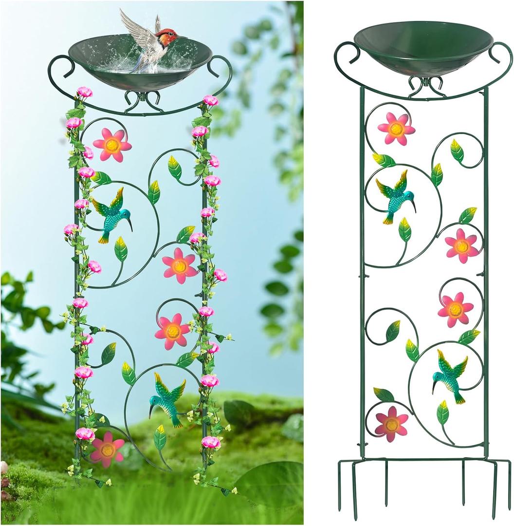 HONGLAND Metal Bird Bath with Trellis, 35" Outdoor Garden Birdbath with Detachable Bowl & Climbing Plant Support, Decorative Bird Feeder Station with Hummingbird for Yard, Patio, Fence