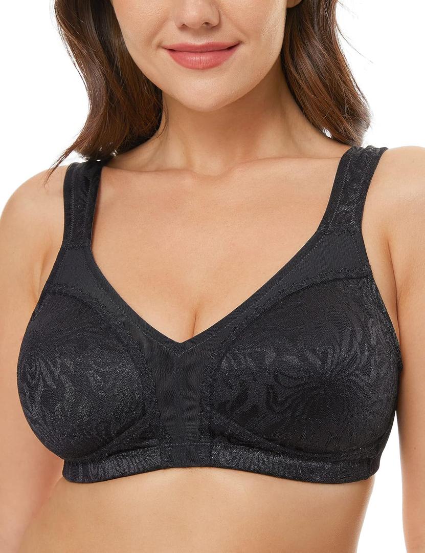 Wingslove Women's Full Coverage Non Padded Comfort Minimizer Wire-Free Bra Plus Size (44DD, Black)