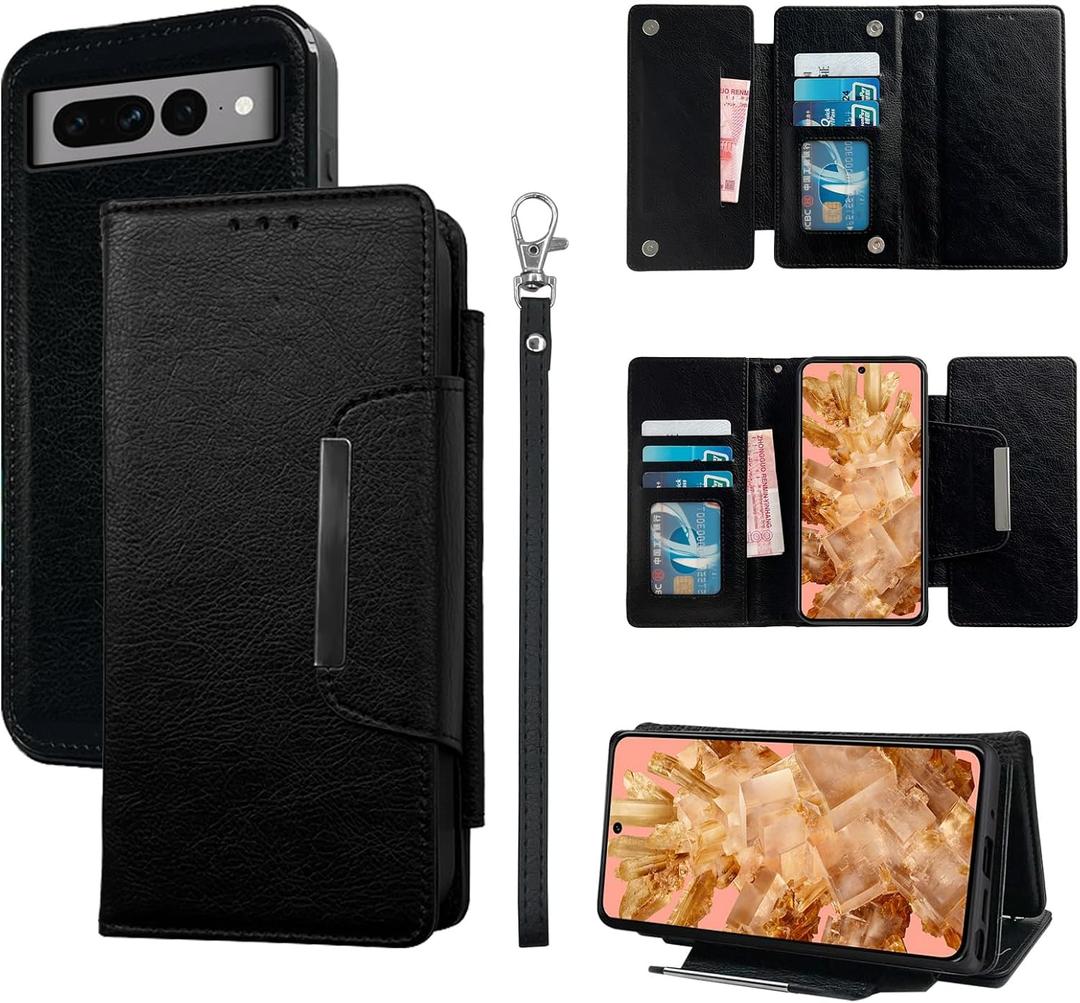 Trifold Wallet Case for Google Pixel 8 5G with Detachable Magnetic Flip Purse Wrist Strap Card Holder, Luxury PU Leather Stand Accessories Cell Phone Cover for Pixel8 Eight Women Men Black