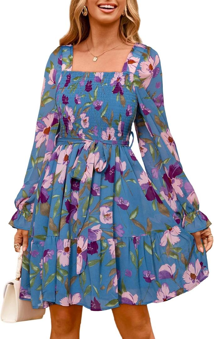 Simplee Womens Boho Floral Fall Short Dresses Long Sleeve Square Neck Empire Waist Smocked Flowy Mini Dress Blue XL
