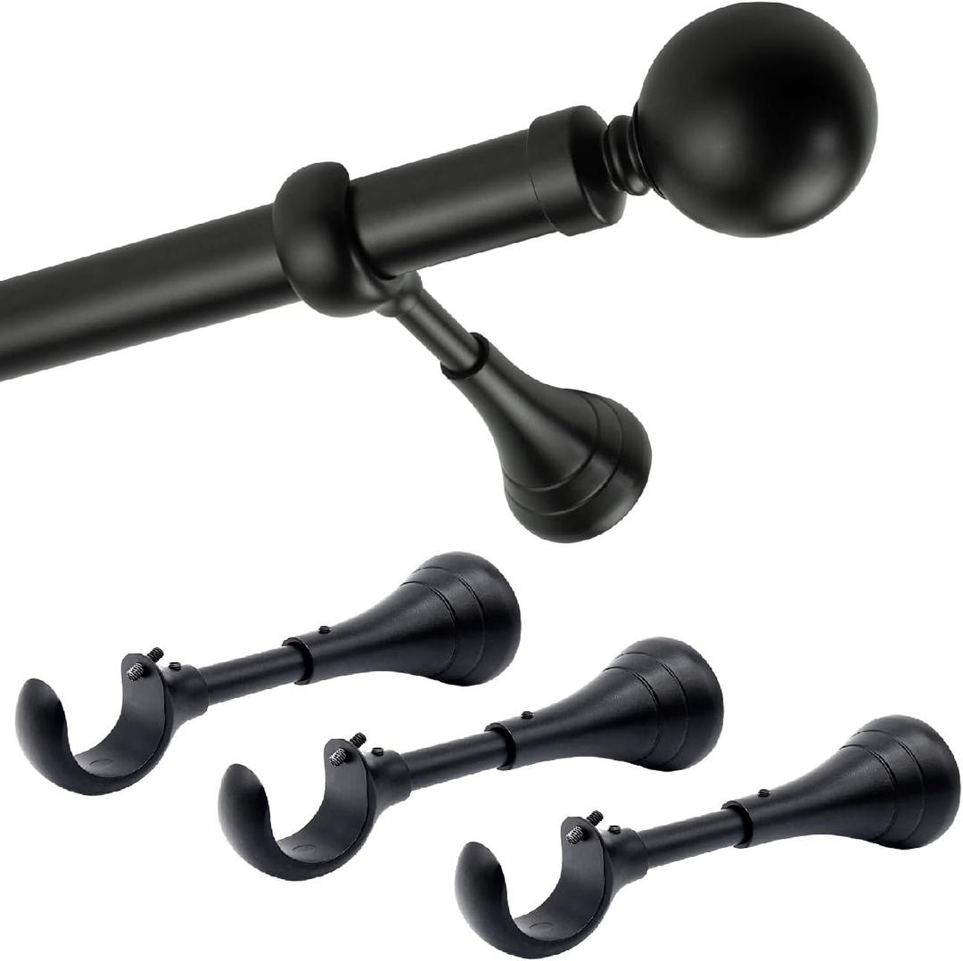 Black Curtain Rods for Windows 48 to 84  Heavy Duty Expandable 1 Inch Curtain Rod, Adjustable Design with Extra Long Wall Brackets, Matte Black