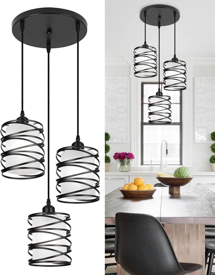 Black Pendant Lights for Kitchen Island 3-Light Pendant Light Fixtures with Frosted Glass Shades, Spiral Iron Kitchen Island Lighting Adjustable Pendant Lighting for Dining Room, Kitchen