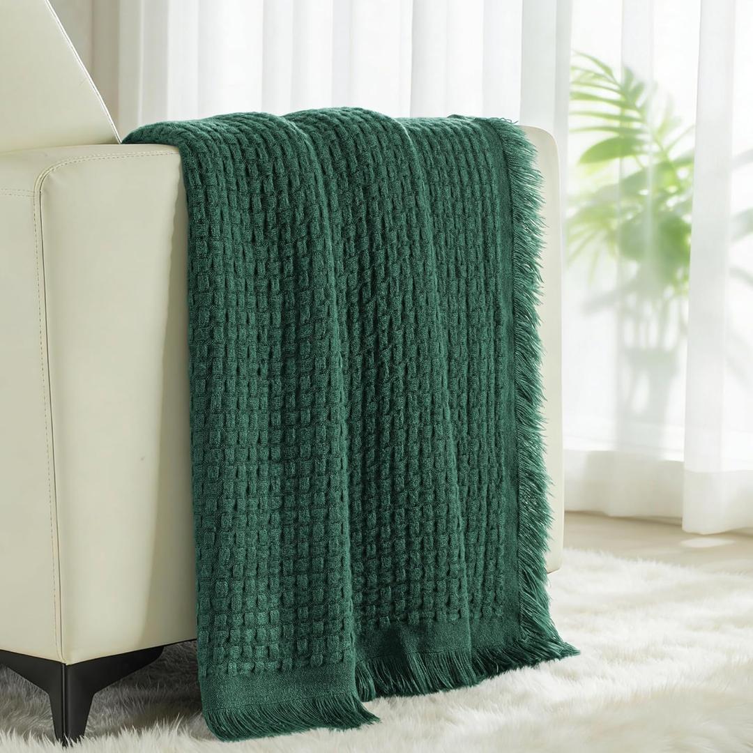 Exclusivo Mezcla Knit Throw Blanket with Fringes for Couch, Reversible Super Soft and Warm Woven Boho Throw for All Season, Home Decor, 50"x60", Forest Green