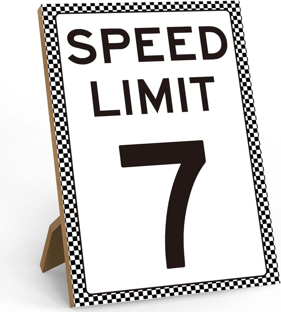 Speed Limit 7 Sign, Race Car Birthday Decor, Race Car Birthday Party Decorations for Boy Race Fans Decor Gifts, Wooden Sign with Stand 8 x 11 Inch