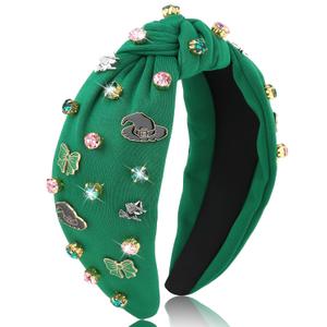 Jaciya Wicked Green Knotted Headband for Women - Green and Pink Rhinestone Headband Hair Accessories with Witch Hat & Broom