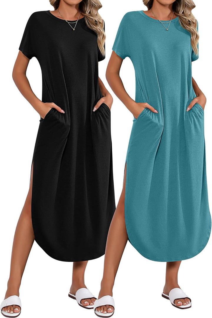 Riyiper 2 Pieces Women's Short Sleeve Maxi Dress Round Neck Casual Loose Split Long Summer Beach Shirt Dress with Pockets (Medium, Black, Lake Blue)