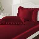 P Pothuiny 3-Piece Set Ruffle Satin Pillowcases & Twin Fitted Sheet, Luxury Burgundy Satin Fitted Sheet Silky Soft Cute Bedding Bedroom Dorm Decor, Wrinkle Free, 15 Inch Deep Pocket
