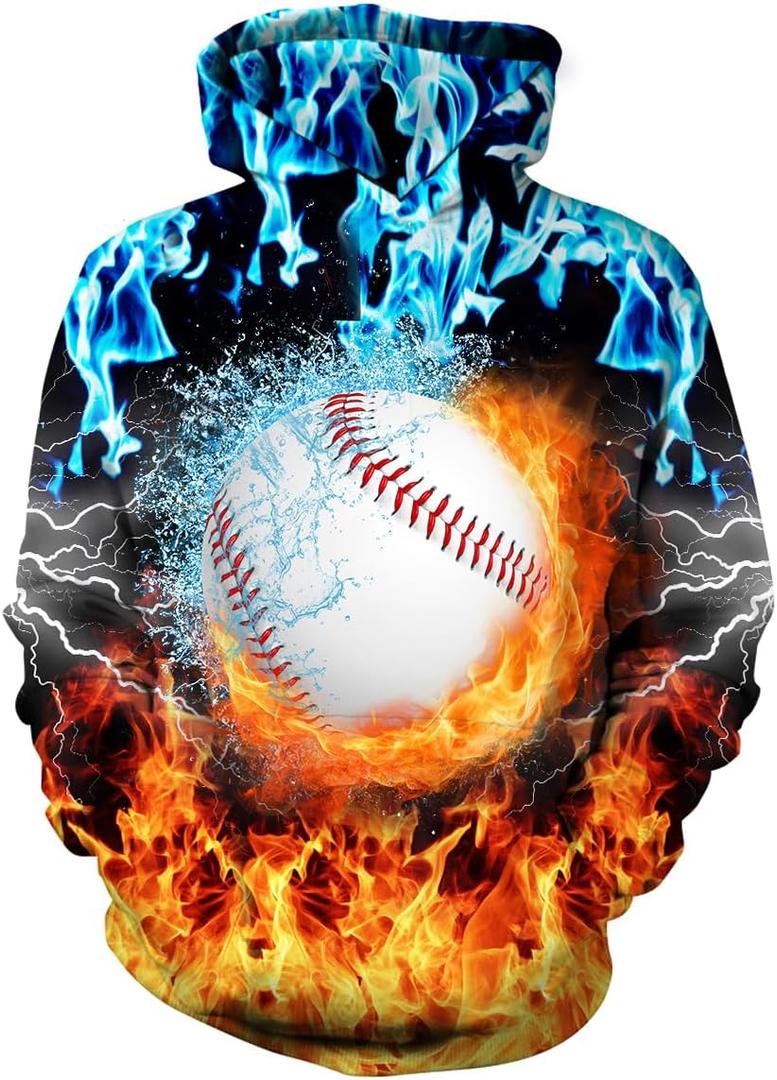 Kids 3D Graphic Hoodie Pullover for Boys Girls, Novelty Unisex Hooded Sweatshirt, Long Sleeve Hoodies for Teen (Medium, Fire Baseball)