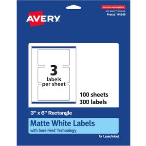Avery Matte White Rectangle Labels, Sure Feed Technology, 3" x 6", 300 Matte White Printable Labels