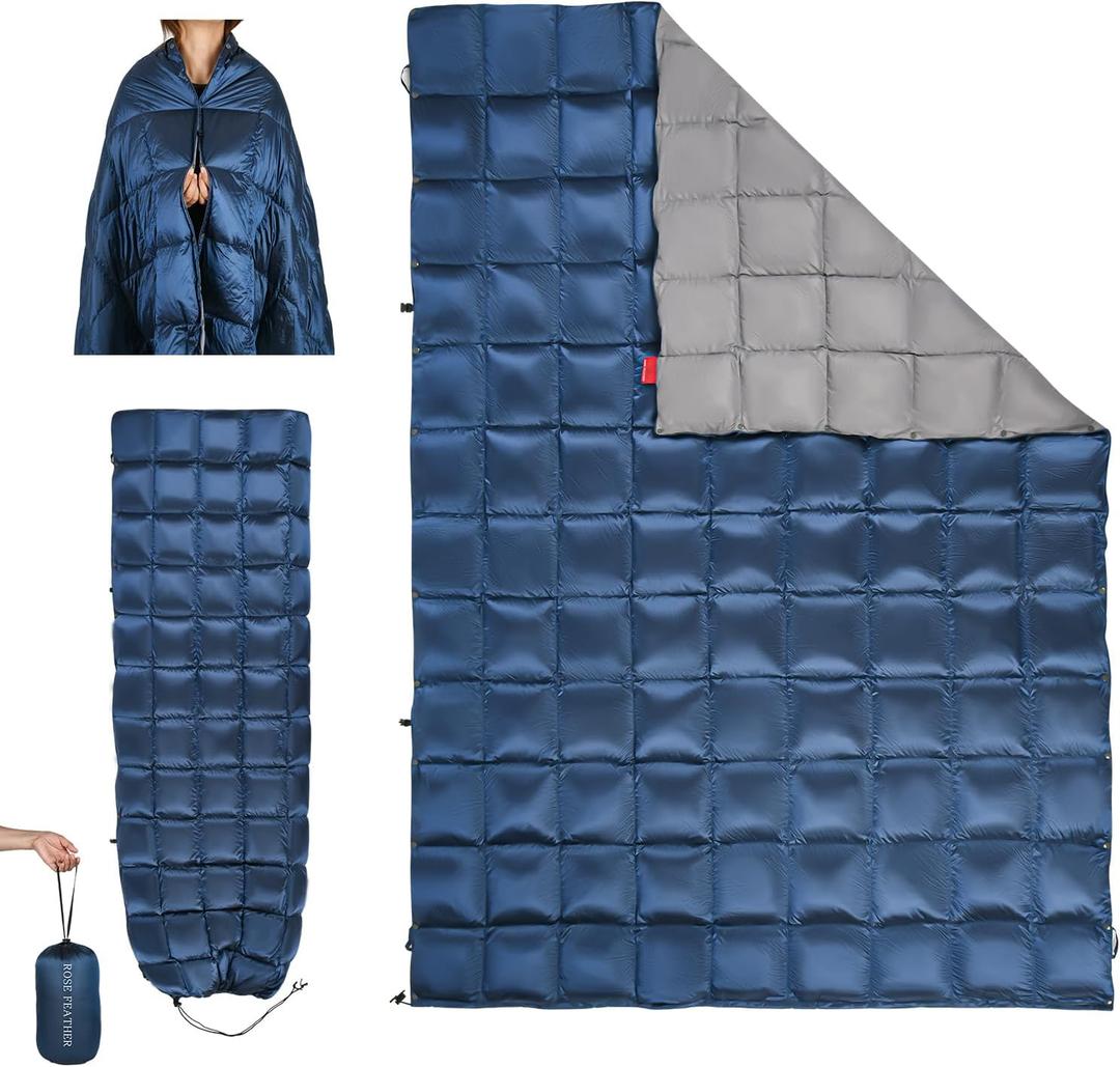 Down Camping Blanket - Lightweight, Packable, Warm & Puffy Outdoor Travel Quilt for Sleep, Hiking, Backpacking, Stadium, Festivals, Water-Resistant Sleeping Bag 55"x79" (Deep Sky Blue)