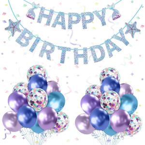 Yiran Mermaid Birthday Decorations: Happy Birthday Banner, 12inch Blue & Purple Balloons, Confetti Balloons, Ribbons - Ariel Theme - 23pcs