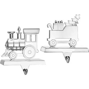 Klikel Train Stocking Hanger Set of 2 - Shiny Silver Metal Christmas Stocking Holder for Fireplace Mantle - Heavy Duty with Hook