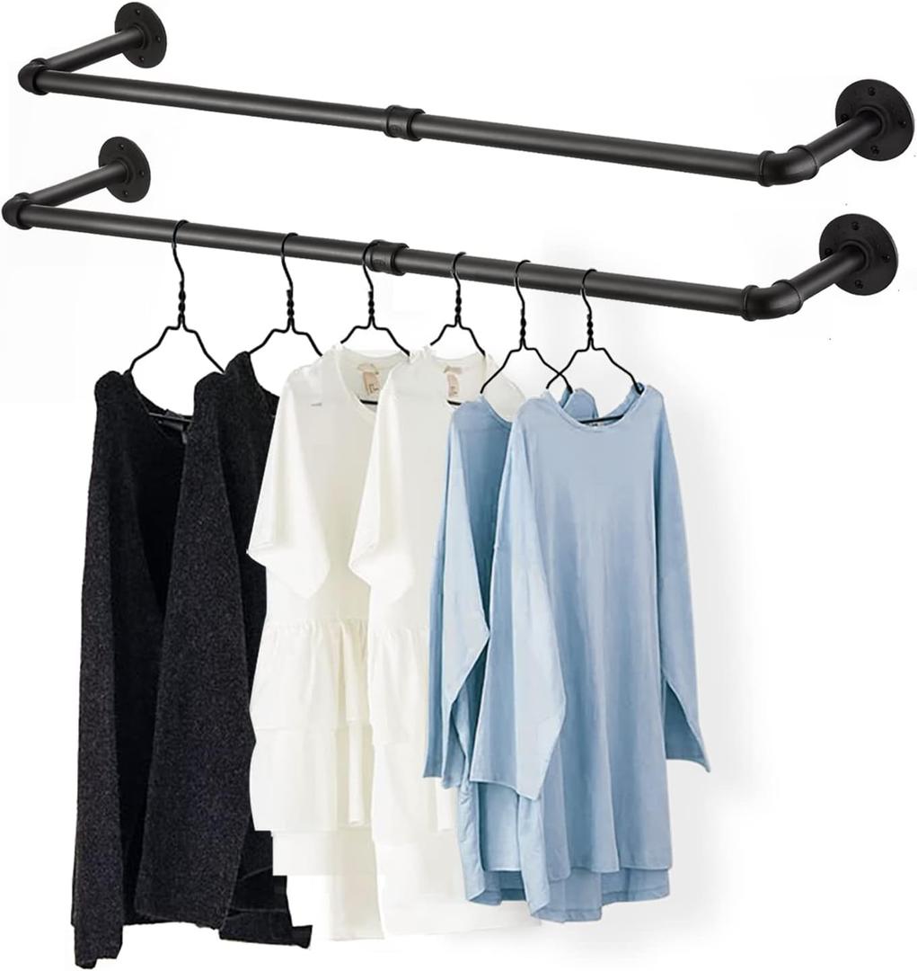 36 Wall Mounted Clothes Rack, Industrial Pipe Black Iron Garment Bar, Heavy-Duty Detachable Clothing Rod, Multi-Purpose Metal Wall display Hanging Pole for Closet Storage (Set of 2)