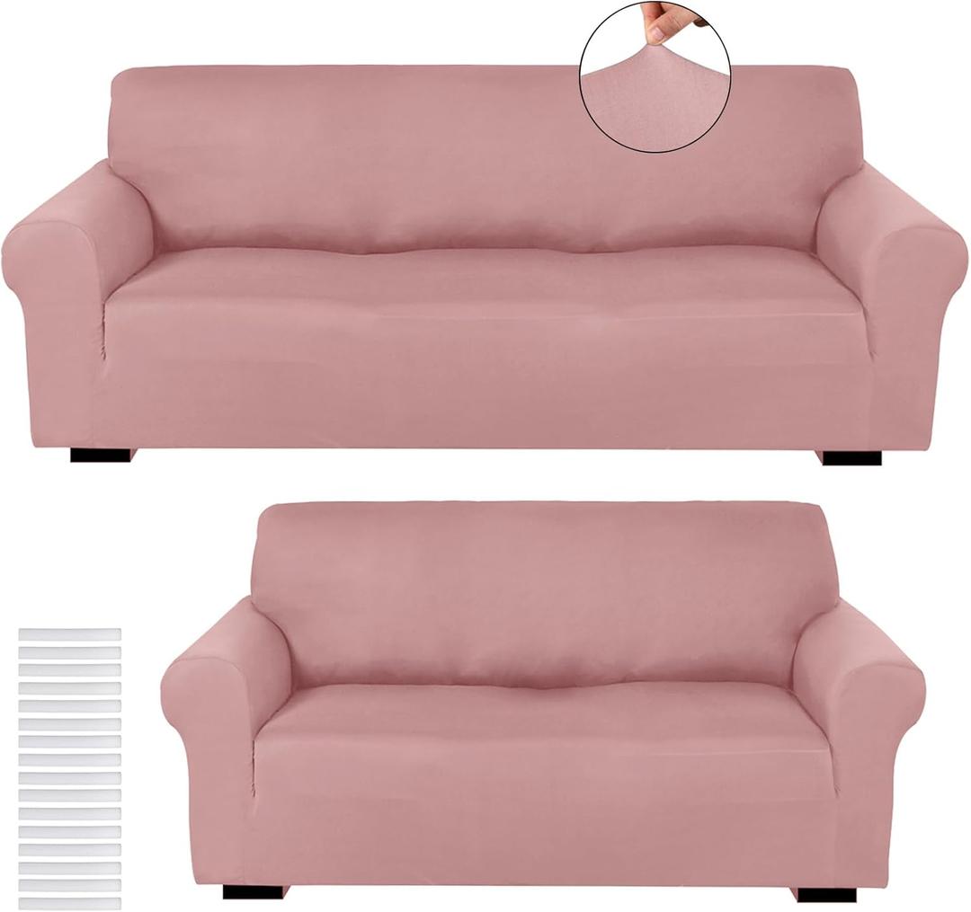 Peryiter 2 Pcs Sofa Covers Loveseat Couches Covers for Living Room Slipcover Set Furniture Protector for Couch Arm Chair, Form Fit Stretch, Wrinkle Proof(Light Pink,Milk Silk)