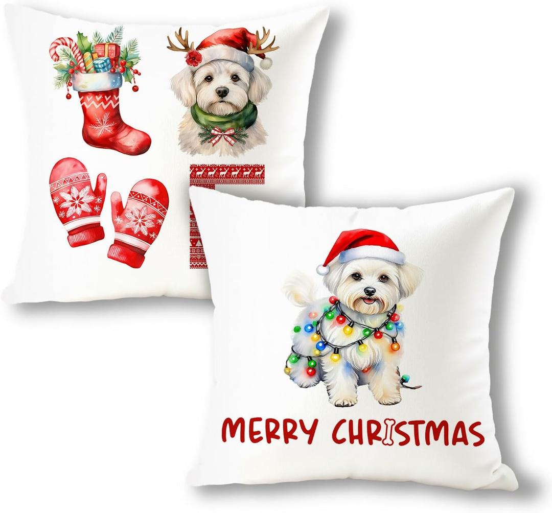 Maltese Merry Christmas & Love Pillow Covers 2 Pcs- 18x18 Inch, Dog Lover Pillow Covers Gift for Woman, Merry Christmas Xmas Maltese Home Decorative