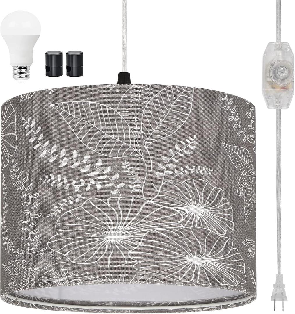 Plug in Pendant Light, Hanging Light with Plug in Cord with Dimmable Switch, Hanging Lamp with 15 ft Clear Cord, Grey Pendant Light Fixture for Bedroom (Gray)